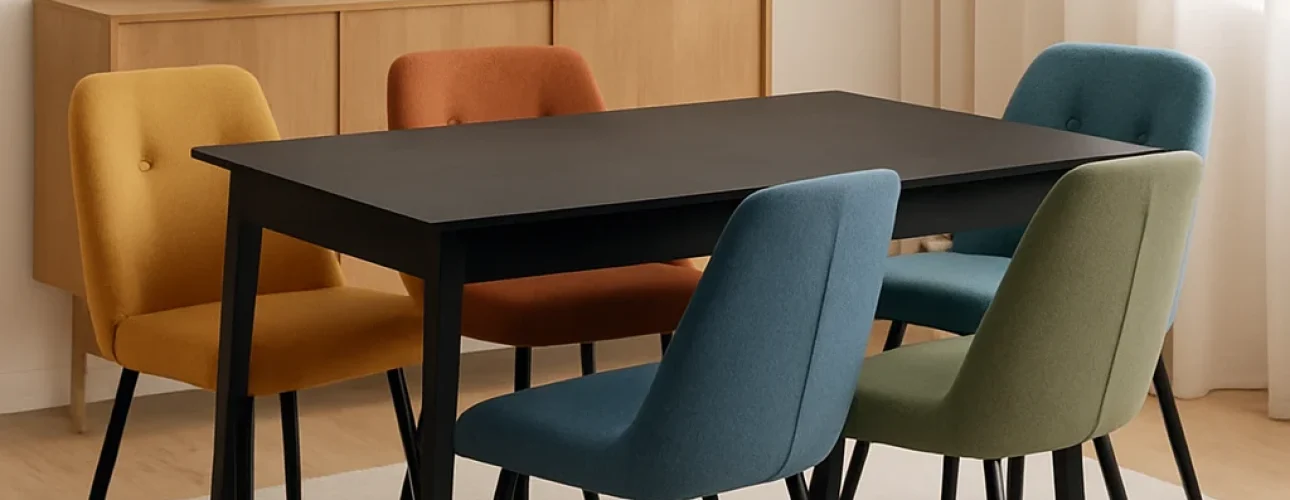 Een moderne eetkamer met een zwarte rechthoekige tafel en zes kleurrijke gestoffeerde stoelen, perfect voor wie zich afvraagt "welke kleur stoelen bij zwarte tafel". De ruimte is voorzien van een licht houten dressoir, droogbloemen, een stijlvolle lamp en transparante gordijnen.