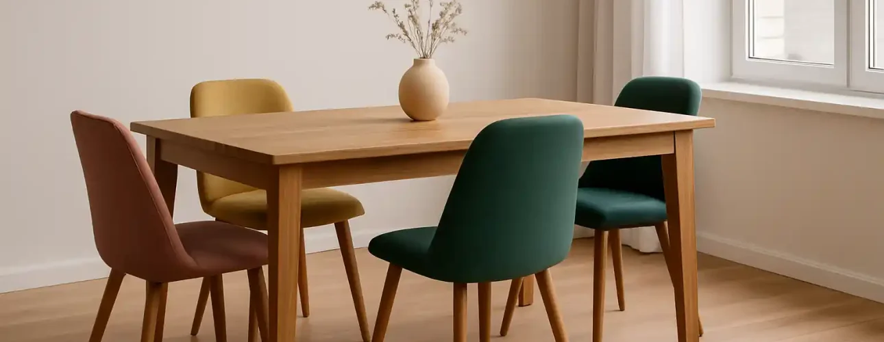 Een houten eettafel met een beige vaas met gedroogde bloemen wordt omringd door vier stoelen in geel, groen, groenblauw en roze - een inspirerend antwoord op "Welke kleur stoelen passen?"- in een lichte, minimalistische kamer met houten vloeren en een raam.