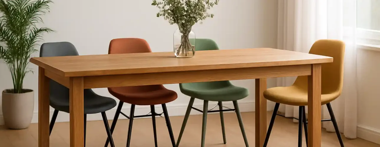 Een houten eettafel met een glazen vaas met groen wordt omringd door vier stoelen in grijs, oranje, groen en geel - perfect als je je afvraagt: "Welke kleuren stoelen passen goed?" Een potplant en een raam met witte gordijnen staan op de achtergrond.