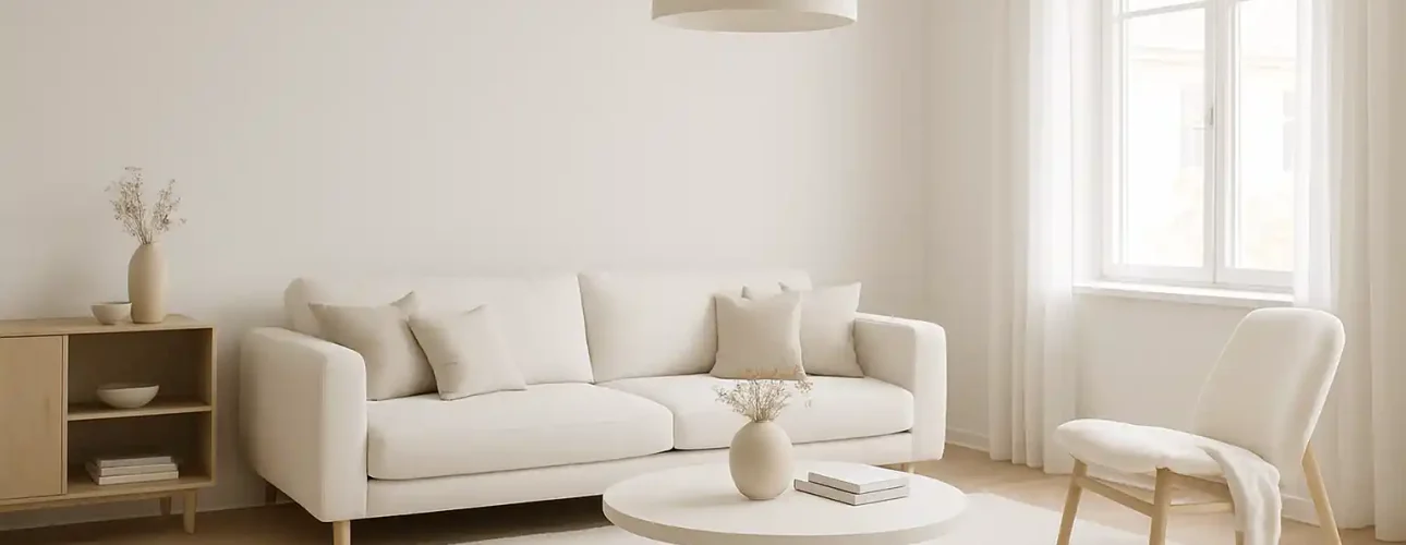 Een minimalistische woonkamer met een witte bank-welke kleur wit geschikt is voor dit interieur?-bijpassende fauteuil, ronde salontafel met een vaas, licht houten meubilair, neutrale inrichting en een groot raam dat natuurlijk licht binnenlaat.