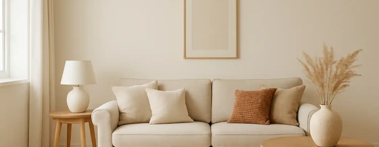 Een beige bank met neutrale kussens staat tussen twee houten bijzettafels, op de ene een witte lamp met een kap die antwoordt op "welke kleur wit warm is" en op de andere een vaas met pampagras, in een lichte, minimalistische woonkamer.