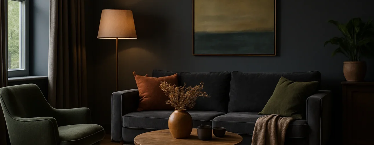 Een gezellige woonkamer met een donkere bank, oranje en groene kussens en een houten salontafel laat zien welke kleuren in een donkere woonkamer mooi kunnen werken. Natuurlijk licht van het raam verlicht de plantgroene fauteuil en abstracte kunst.