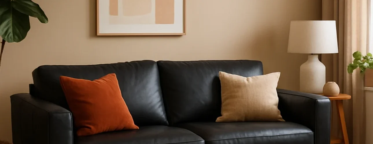 Een moderne woonkamer met een zwarte leren bank, twee kussens, een houten salontafel, een potplant en abstracte muurkunst. Welke kleuren passen goed? Neutrale kleuren en natuurlijk licht van het raam creëren een evenwichtige ruimte.