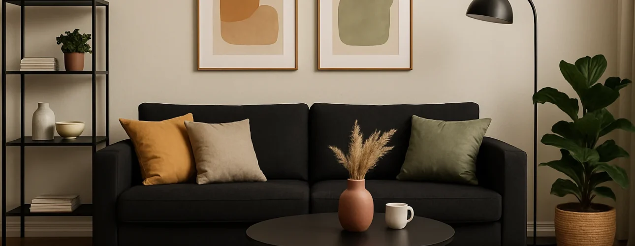 Een moderne woonkamer met een donkere bank, beige en groene kussens - perfect als je je afvraagt welke kleuren goed passen - plus een ronde zwarte salontafel, plant in pot, abstracte kunst, zwarte staande lamp en decoratieve rekken op de achtergrond.