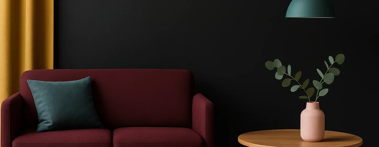 Een moderne woonkamer met een donkerrode bank, groenblauwe kussens, mosterdgele gordijnen en een matzwarte muur laat zien welke kleuren mooi zijn met zwart-accenten zoals de roze vaas en het groene gebladerte onder een donkergroene hanglamp.