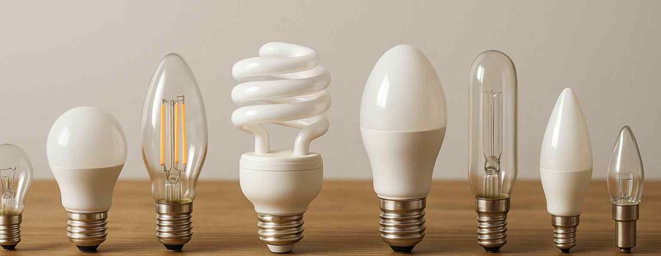 Diverse lampvormen op een rij, van helder glas tot spiraal, op een houten tafel. Verschillende stijlen en designs voor jouw woonkamer.