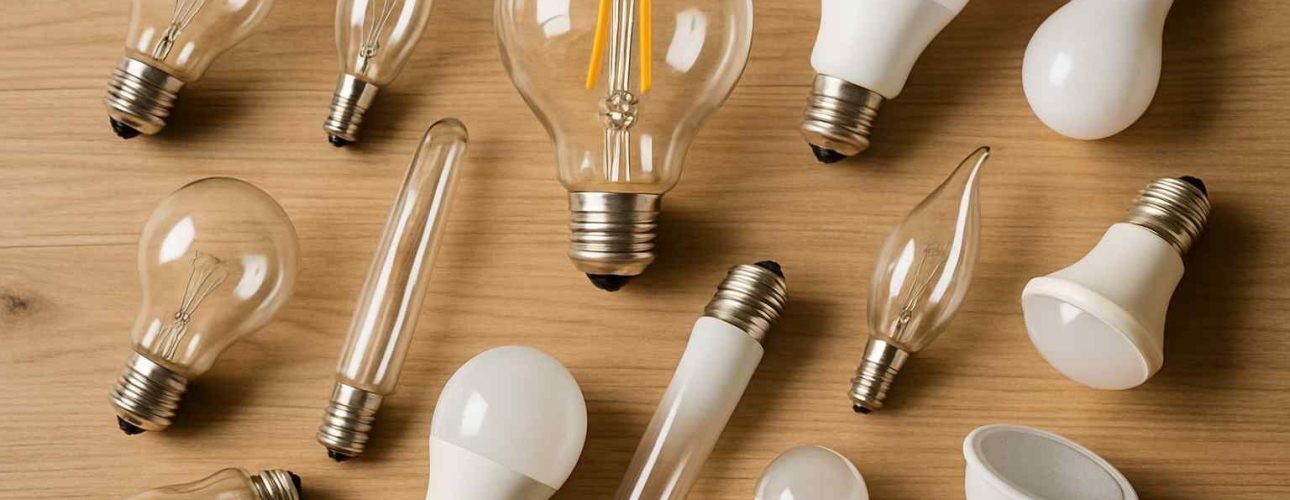 Bovenaanzicht van diverse lampvormen op een houten achtergrond. Heldere en matte lampen, waaronder LED, gloeilampen en buislampen.