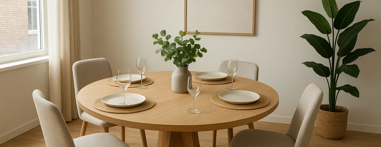 Een ronde houten eettafel voor vier personen met neutrale borden, wijnglazen en een vaas met groene bladeren - perfect als je benieuwd bent: Welke maat ronde eettafel voor 4 personen? Vier beige stoelen maken het gezellige tafereel compleet terwijl het zonlicht door het raam naar binnen stroomt.