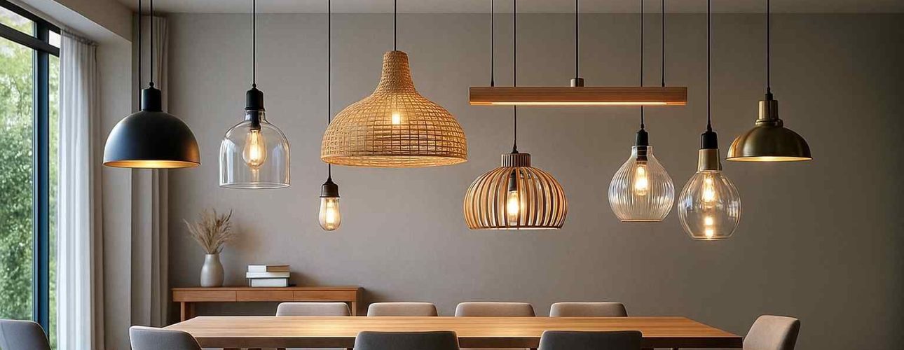 Eetkamer met houten tafel en grijze stoelen. Verschillende hanglampen van glas, hout en metaal zorgen voor een warme sfeer in dit design interieur.