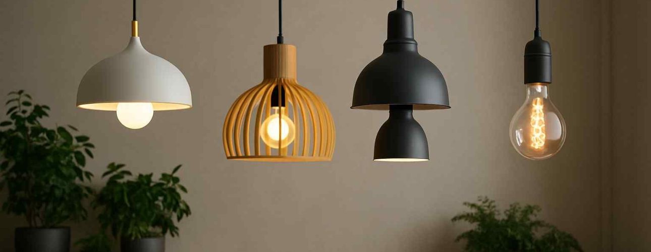 Vier hanglampen in diverse stijlen boven een tafel. De lampen zijn wit, houtkleurig en zwart. Sfeervol licht in een modern interieur.