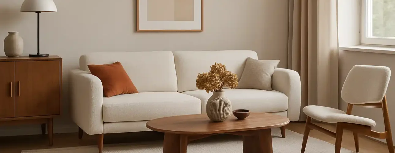 Minimalistische woonkamer met een witte bank, houten salontafel, crèmekleurige stoel en neutrale inrichting - perfect voor wie zich afvraagt "welke meubels zijn in de mode" dankzij de moderne kunstwerken en het licht dat door beige gordijnen naar binnen schijnt.