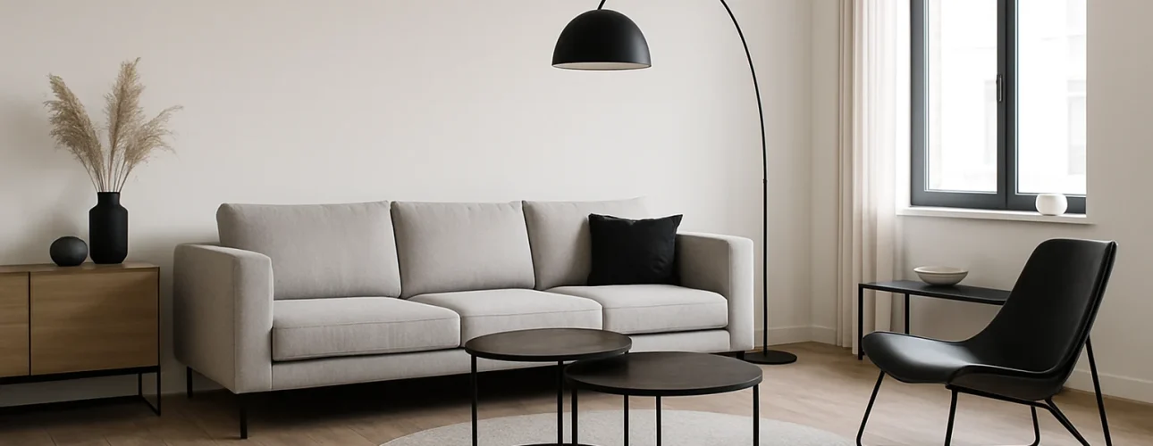 Een moderne woonkamer laat zien welke meubels modern zijn: een lichtgrijze bank, groen kussen, tan loungestoel, ronde houten salontafel en beige accentstoel op een licht vloerkleed. Een dressoir, planten en ingelijste kunst maken de neutraal gekleurde ruimte compleet.