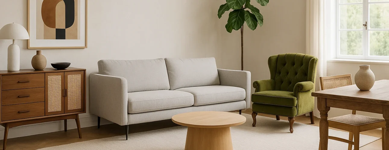 Een moderne woonkamer met een lichtgrijze bank, een groene vintage fauteuil en een houten salontafel laat zien welke meubelstijlen momenteel populair zijn, met abstracte kunst, een plant in potten en een groot raam dat natuurlijk licht binnenlaat.