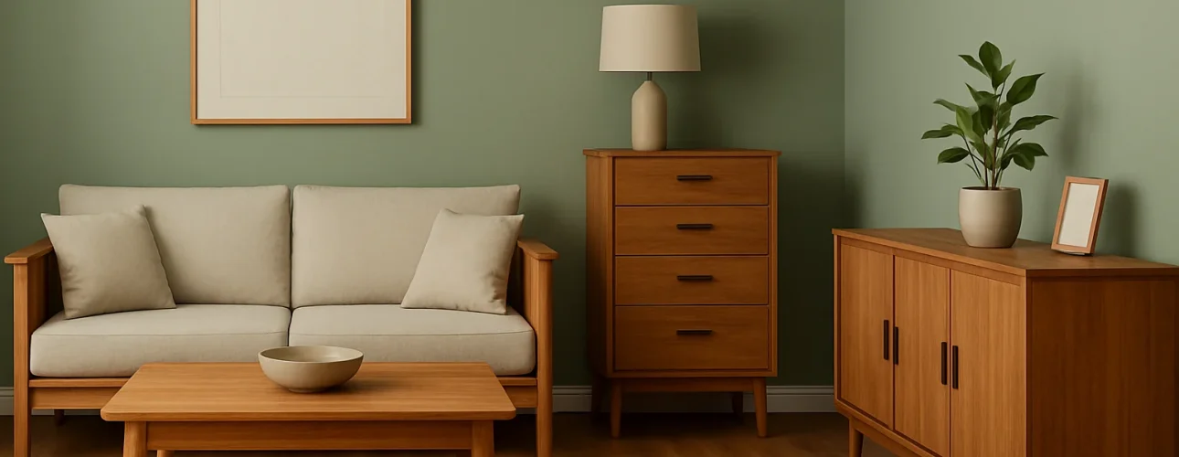 Een minimalistische woonkamer met een lichtgrijze bank, houten salontafel en groene muren-een inspiratie voor wie zich afvraagt: welke muurkleur past goed bij licht hout en neutrale meubels? Lichte houten vloeren en groen maken de rustige sfeer compleet.