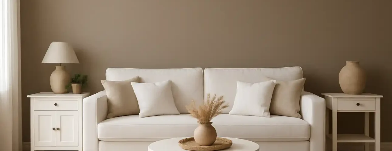 Een minimalistische woonkamer met een witte bank, beige en witte kussens, bijzettafeltjes met lampen en vazen, een ronde salontafel met gedroogde grassen in een vaas en een neutraal kleurenpalet-ontdek welke muurkleur het beste past bij deze serene sfeer.