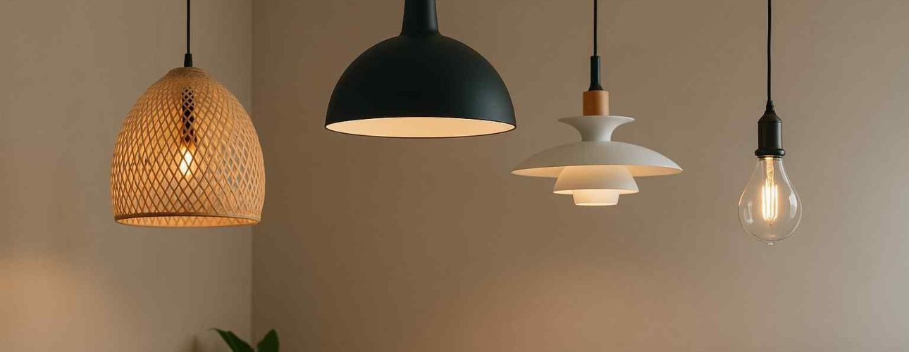 Vier hanglampen in diverse stijlen, van rotan tot modern wit, sieren een woonkamer. Warm licht accentueert de comfortabele sfeer. Design lampen.
