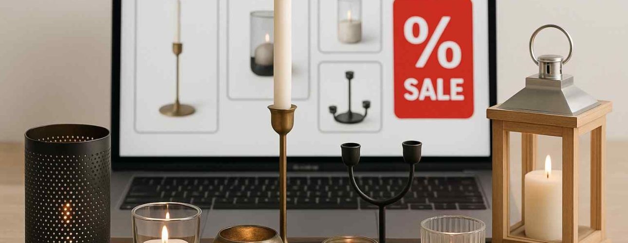 Online kaarsenhouder sale met diverse kandelaars en theelichthouders voor een laptop, sfeervolle verlichting in warme kleuren en zachte focus.