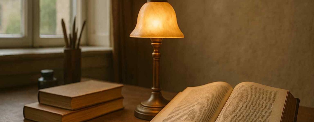 Een warme, sfeervolle setting met een open boek en een vintage lamp op een houten tafel. Zachte, gouden verlichting creëert een gezellige ambiance.