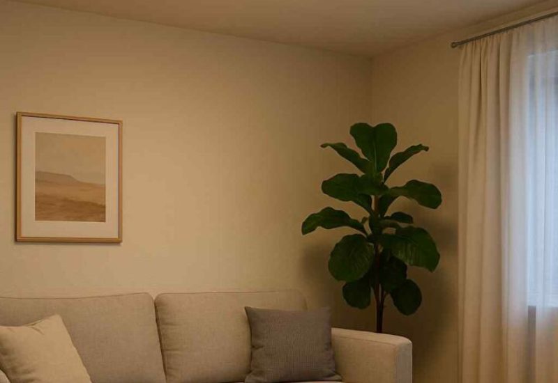 Woonkamer interieur met ronde plafondlamp. Beige zitbank, houten tafel en vloer. Een comfortabele en lichte kamer met planten.