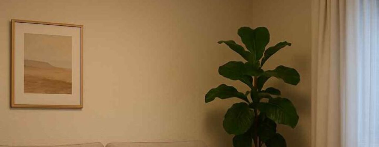 Woonkamer interieur met ronde plafondlamp. Beige zitbank, houten tafel en vloer. Een comfortabele en lichte kamer met planten.