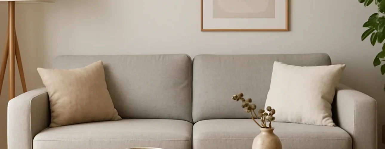 Een moderne woonkamer met een lichtgrijze bank, twee beige kussens en een houten salontafel-perfect voor wie zich afvraagt welke salontafel bij bank past-gestyled met een vaas, schaal, boeken, abstracte kunst, staande lamp en een groene plant in de hoek.