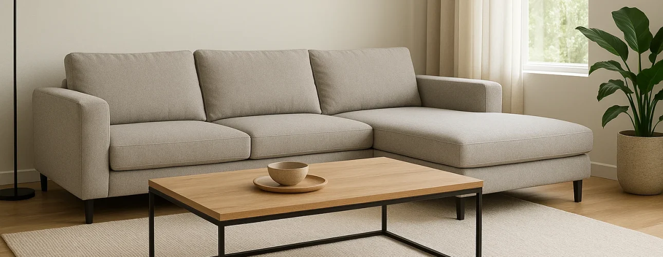 Een moderne woonkamer met een lichtgrijze sofa, houten salontafel - perfect als je je afvraagt "Welke salontafel past bij een hoekbank"-beige vloerkleed, staande lamp, plant in potten en een groot raam met transparante gordijnen die natuurlijk licht binnenlaten.