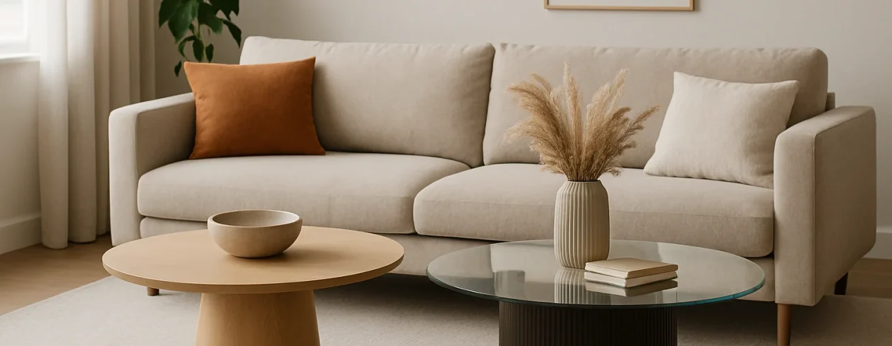 Een moderne woonkamer met een beige bank, twee kussens, een plant in potten en twee salontafels - die laten zien welke salontafels trendy zijn: een houten met een schaal, een glazen met boeken en een vaas met gedroogd gras - plus abstracte kunst aan de muur.