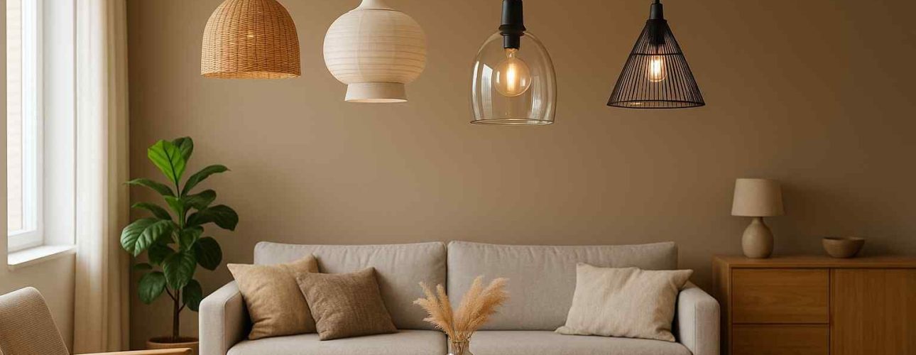 Woonkamer met beige zitbank en diverse hanglampen. De lampen zijn van rotan, glas en metaal. Warme, natuurlijke kleuren en zachte belichting.