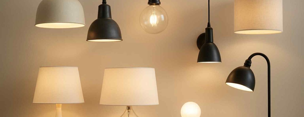 Diverse lampen in verschillende stijlen, van hanglampen tot tafellampen, in wit en zwart, op een houten tafelblad. Design voor de woonkamer.