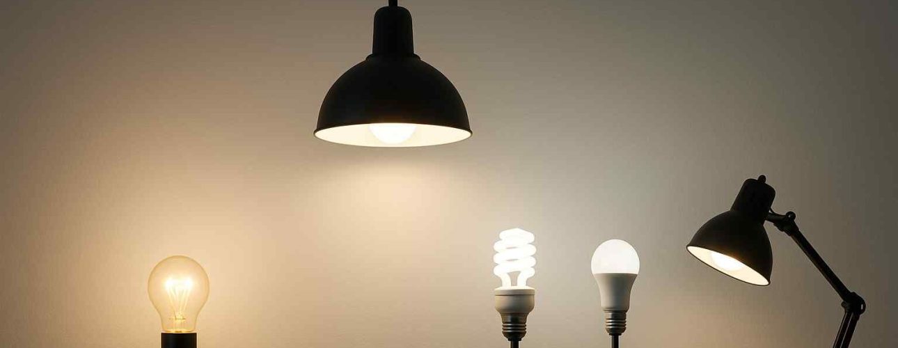 Verschillende soorten lampen, van gloeilamp tot LED, in een interieursetting. Zachte belichting benadrukt de vormen. Design lampen voor jouw woonkamer.