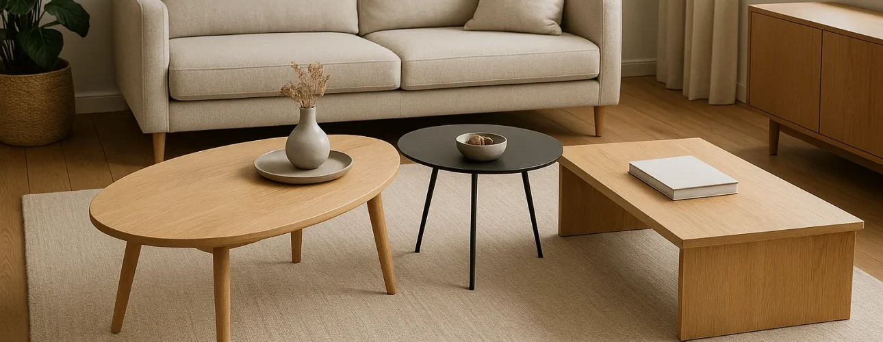 Een moderne woonkamer met een beige bank en drie salontafels, die laten zien welke soorten salontafels er zijn: een houten ovale, zwarte ronde en houten rechthoekige tafel - alles op een neutraal vloerkleed met zonlicht dat door lichte gordijnen naar binnen schijnt.