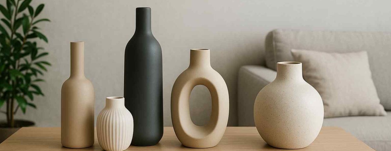 Modern interieur vazen, close-up. Vijf vazen van keramiek in zachte kleuren op een houten tafel tegen een beige achtergrond. Neutrale kleuren.