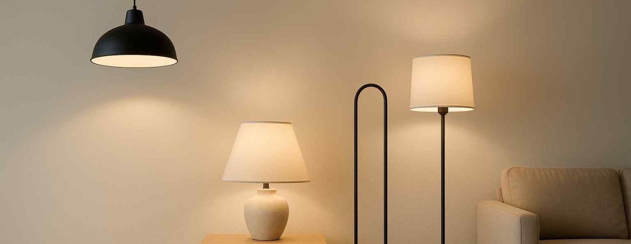 Sfeervolle woonkamer met design verlichting: hanglamp, tafellamp en staande lamp. Zachte, warme tinten en houten vloer. Zitbank in de hoek.