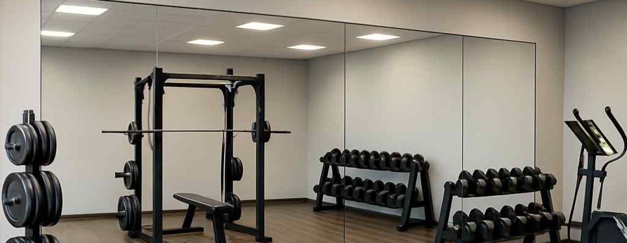 Gym fitness mirror reflecting weight rack, bench, and elliptical under LED lights. Houten vloer en witte muren. Grote spiegel in fitnessruimte.