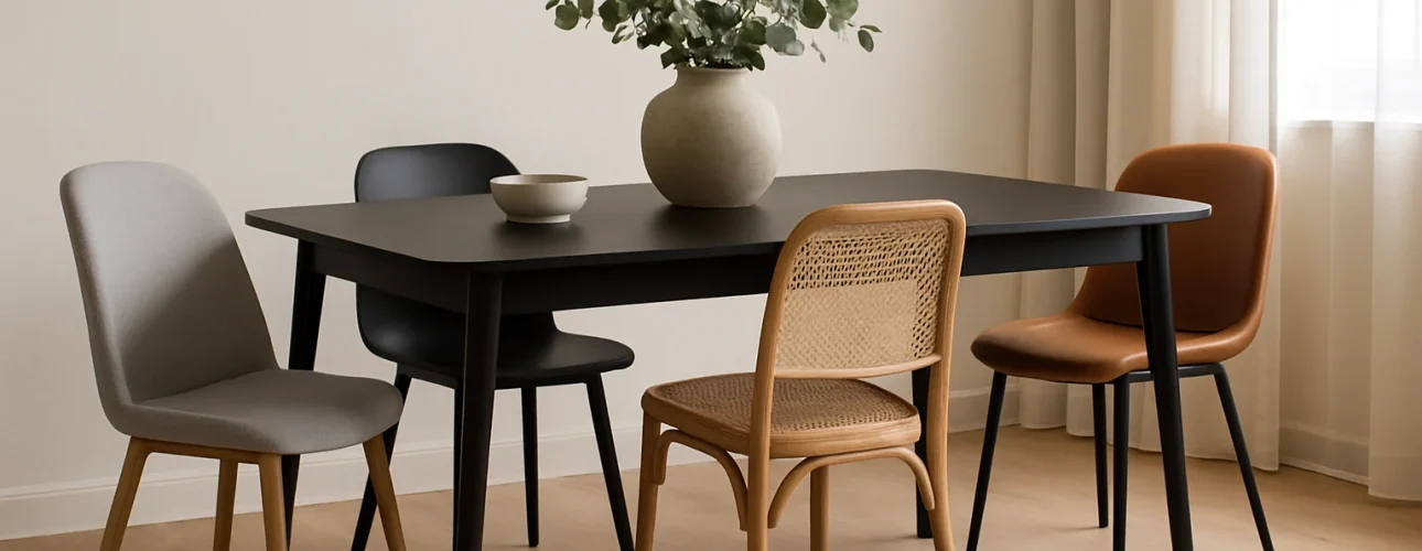 Een moderne eetkamer met een zwarte rechthoekige tafel, perfect voor wie zich afvraagt "welke stoelen bij een zwarte eettafel": hier geven vier bij elkaar passende stoelen karakter. Een grote beige vaas met groene bladeren staat op een lichthouten vloer en crèmekleurige gordijnen.