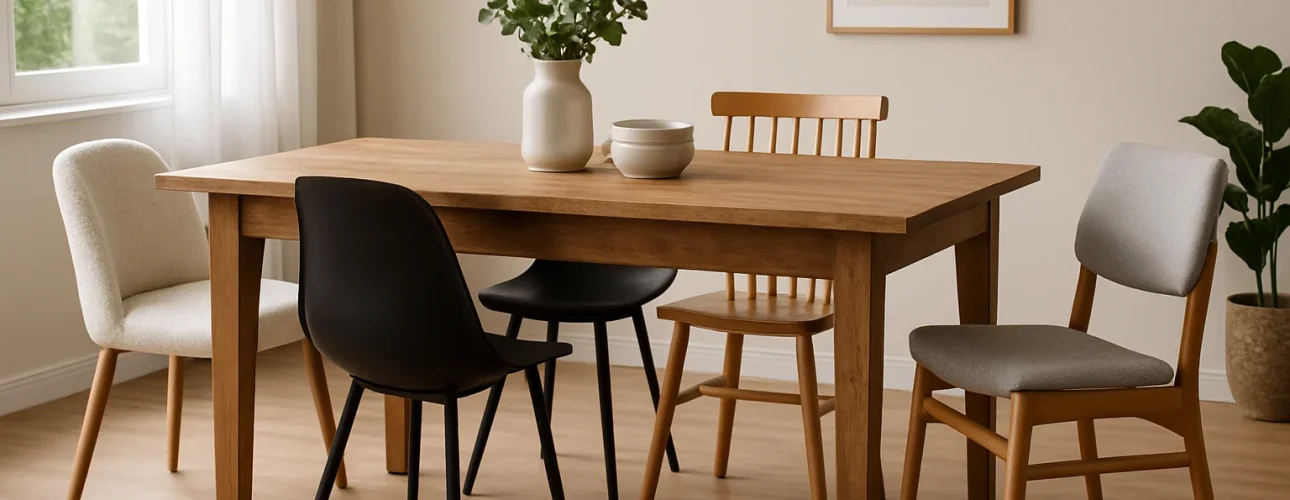 Een houten eettafel met een vaas van groen en een schaal, omringd door vier stoelen die niet bij elkaar passen - een voorbeeld van welke stoelen bij welke tafel zorgen voor een eclectische maar harmonieuze look in een lichte kamer met houten vloeren, planten en abstracte kunst.