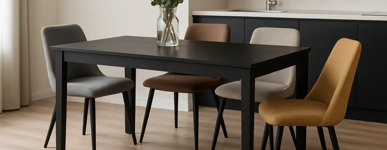 Een moderne eethoek met een zwarte tafel, vier kleurrijke stoelen (grijs, bruin, beige en geel) - perfecte inspiratie als je je afvraagt welke stoelen passen bij een zwarte keukentafel. Een licht houten vloer en donkere keukenkastjes maken de look compleet.