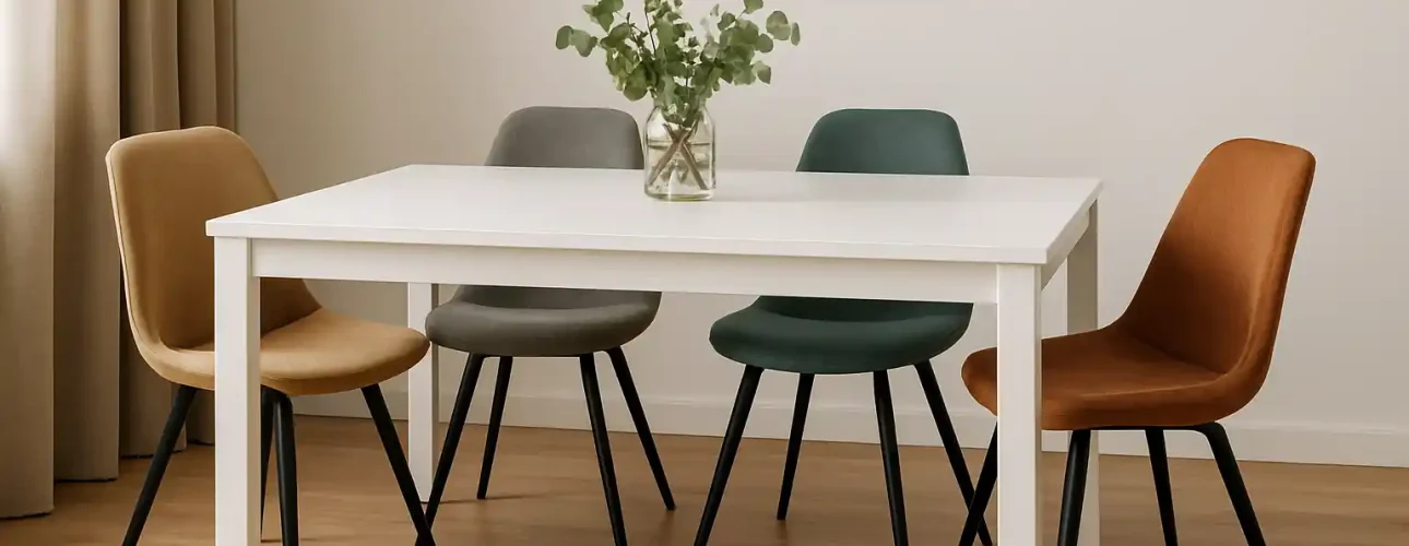 Een witte tafel met een vaas van groene bladeren wordt omringd door vier stoelen - beige, grijs, groen en bruin - die laten zien welke stoelen goed passen in een moderne, minimale eetkamer met lichthouten vloeren en twee ingelijste muurkunstwerken.