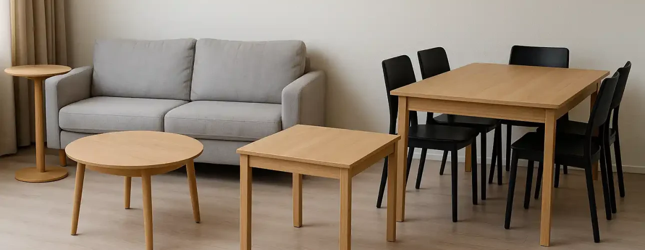 Een moderne woonkamer met een grijze bank, twee houten salontafels-maar welke tafel neemt de hoofdrol?-een kleine ronde bijzettafel en een houten eettafel met vier zwarte stoelen, allemaal op een lichthouten vloer tegen een effen beige muur.