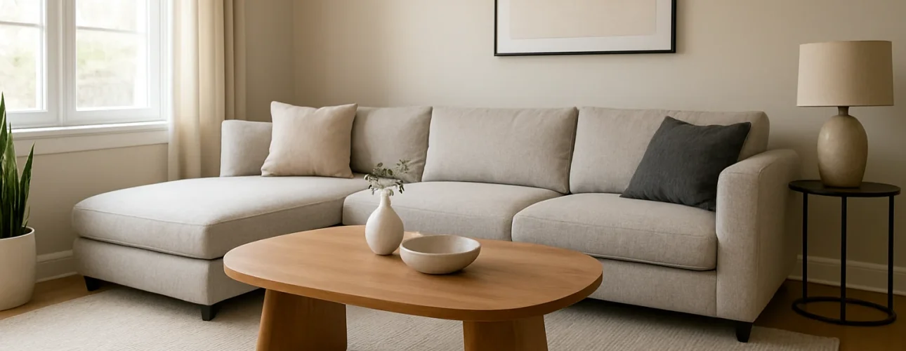 Een moderne woonkamer met een lichtgrijze sectionele bank en een houten salontafel - perfect voor wie zich afvraagt: "Welke vorm salontafel bij hoekbank?". Inclusief decoratieve schalen, een vaas, minimalistische kunstwerken, een vloerkleed, een potplant en een groot raam.