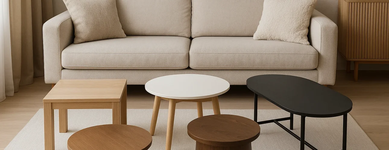 Een moderne woonkamer met een beige bank, twee bijpassende kussens en vijf verschillende salontafels - perfecte inspiratie als je je afvraagt: welke vorm salontafel kies je voor jouw ruimte - gerangschikt op een licht vloerkleed met een houten dressoir en vaas op de achtergrond.