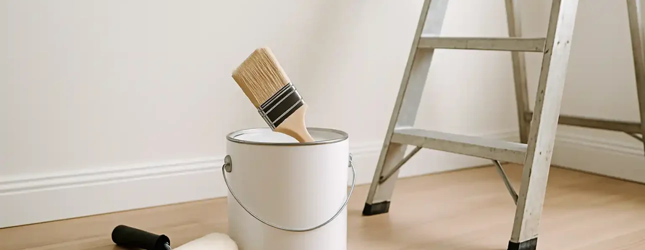 Een verfblik met een kwast erin en een verfroller ernaast staan op een houten vloer bij een witte muur en een zilveren ladder, wat duidt op een schilder- of renovatieproject - perfect om te testen welke witte verf niet geel wordt.