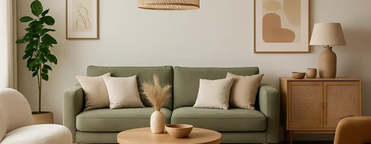 Een gezellige woonkamer met een groene bank, neutrale kussens en een ronde houten salontafel weerspiegelt welke woonstijl er op dit moment is: minimalistisch en aards, met moderne kunst, beige stoelen, een potplant en een geweven hanglamp.