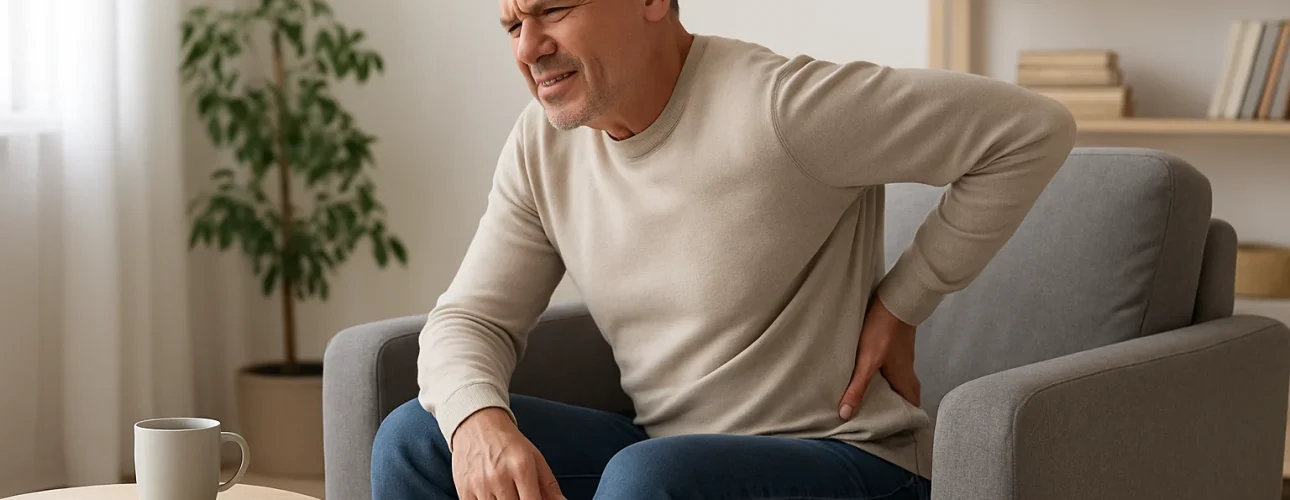 Een man van middelbare leeftijd zit op een grijze leunstoel, leunt voorover en heeft pijn in zijn onderrug. Voor hem staat een tafeltje met een mok, wat het verschil benadrukt tussen een salontafel en een bijzettafel in deze gezellige huiskamersetting.