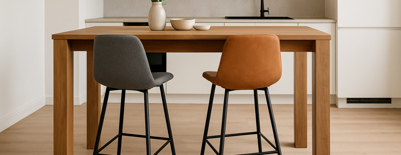Een moderne keuken met een houten tafel aan zithoogte bij bartafel, twee stoelen - een grijze en een bruine - zwarte metalen poten, een vaas met groene bladeren en een kom. Witte kastjes en een zwarte kraan staan op de achtergrond.