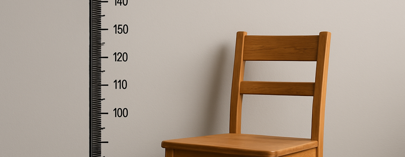 Een houten stoel staat op een houten vloer naast een muur met een grote, zwarte lengtemaatverdeling van 100 tot 190 centimeter, perfect om zithoogte bij welke lengte te controleren.