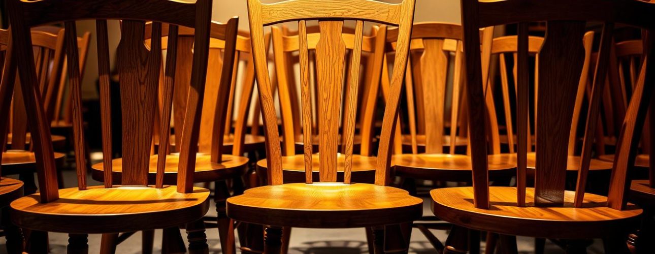 Wooden-dining-room-chairs-on-display-showcased-in-a-warm-inviting-setting.-Soft-diffused Wooden dining room chairs on display, showcased in a warm, inviting setting. Soft, diffused lighting illuminates the natural grain and textures of the sturdy, high-quality wood construction. The chairs are arranged in a symmetrical, visually appealing layout, with attention to balance and proportion. Subtle shadows and highlights accentuate the refined craftmanship. The overall atmosphere is one of comfort, elegance, and a sense of timeless, classic style - an enticing offer for the perfect dining experience.