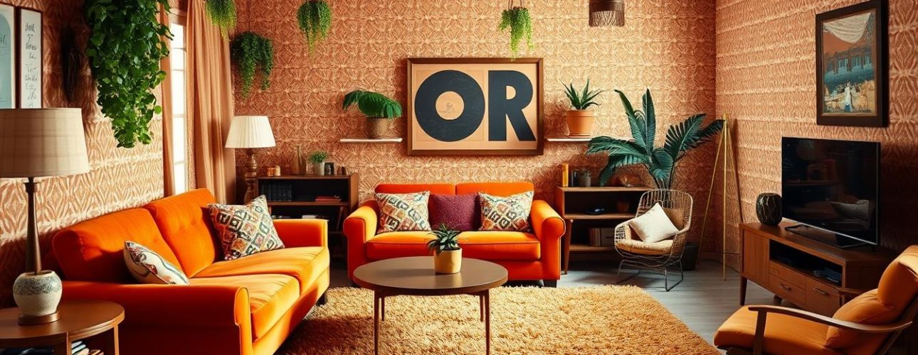 Woonkamer in retro interieur jaren 70 stijl met oranje bank en geometrische patronen