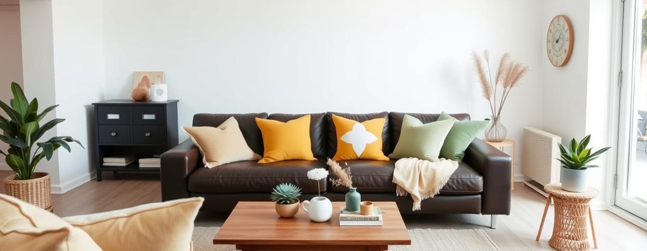 Woonkamer met een donkerbruine bank, kussens in verschillende kleuren en planten.