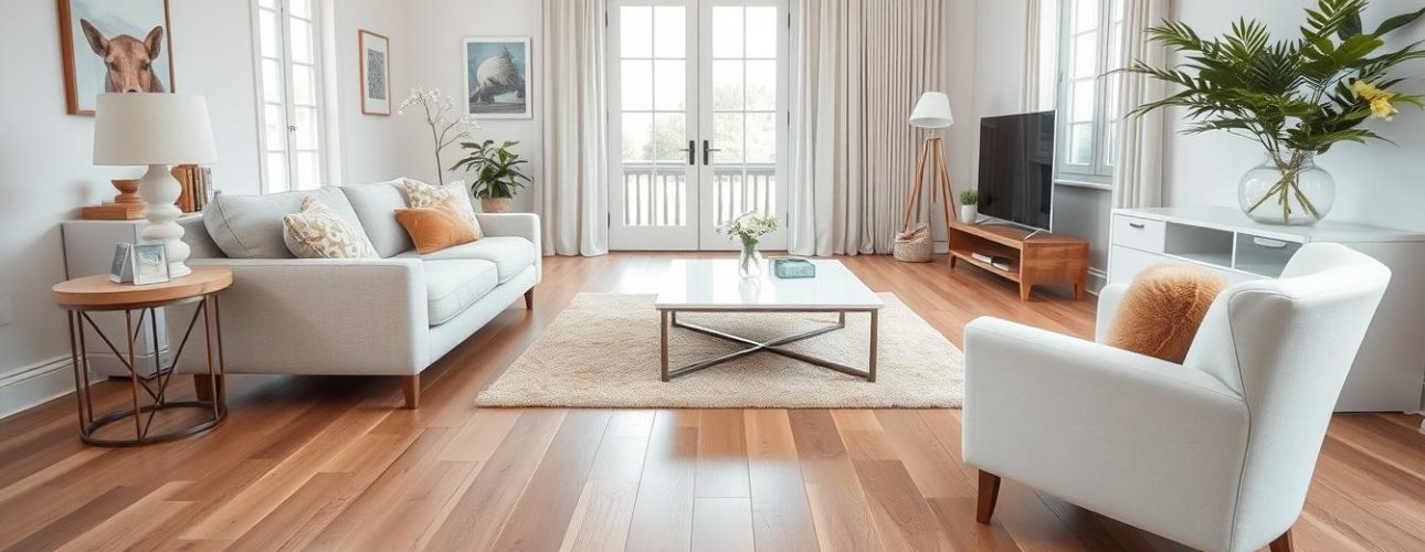 Woonkamer met laminaat en contrasterende meubels die de gouden regel illustreren